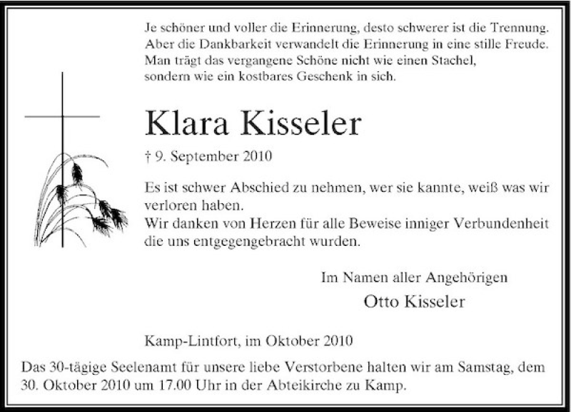  Traueranzeige für Klara Kisseler vom 09.10.2010 aus Rheinische Post