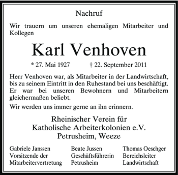 Traueranzeige von Venhoven Karl von Rheinische Post
