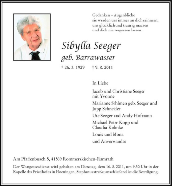 Traueranzeige von Sibylla Seeger von Rheinische Post