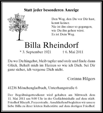 Traueranzeige von Billa Rheindorf von Rheinische Post