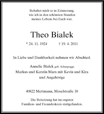 Traueranzeige von Theodor Bialek von Rheinische Post