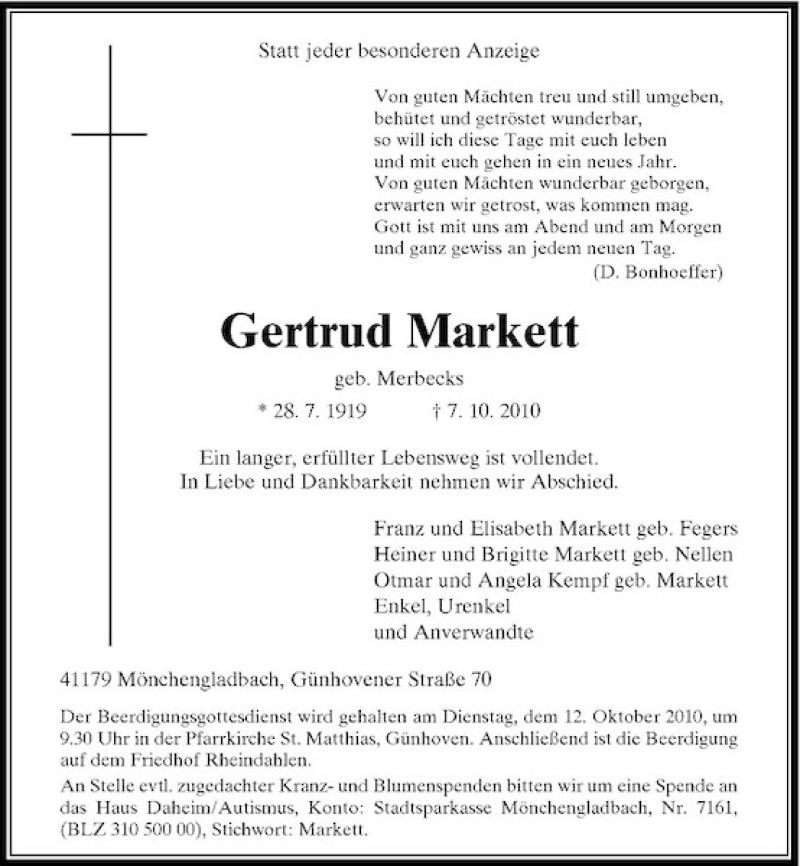  Traueranzeige für Gertrud Markett vom 09.10.2010 aus Rheinische Post