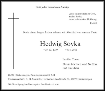 Traueranzeige von Hedwig Soyka von Rheinische Post