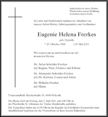 Traueranzeige von Eugenie Helena Frerkes von Rheinische Post