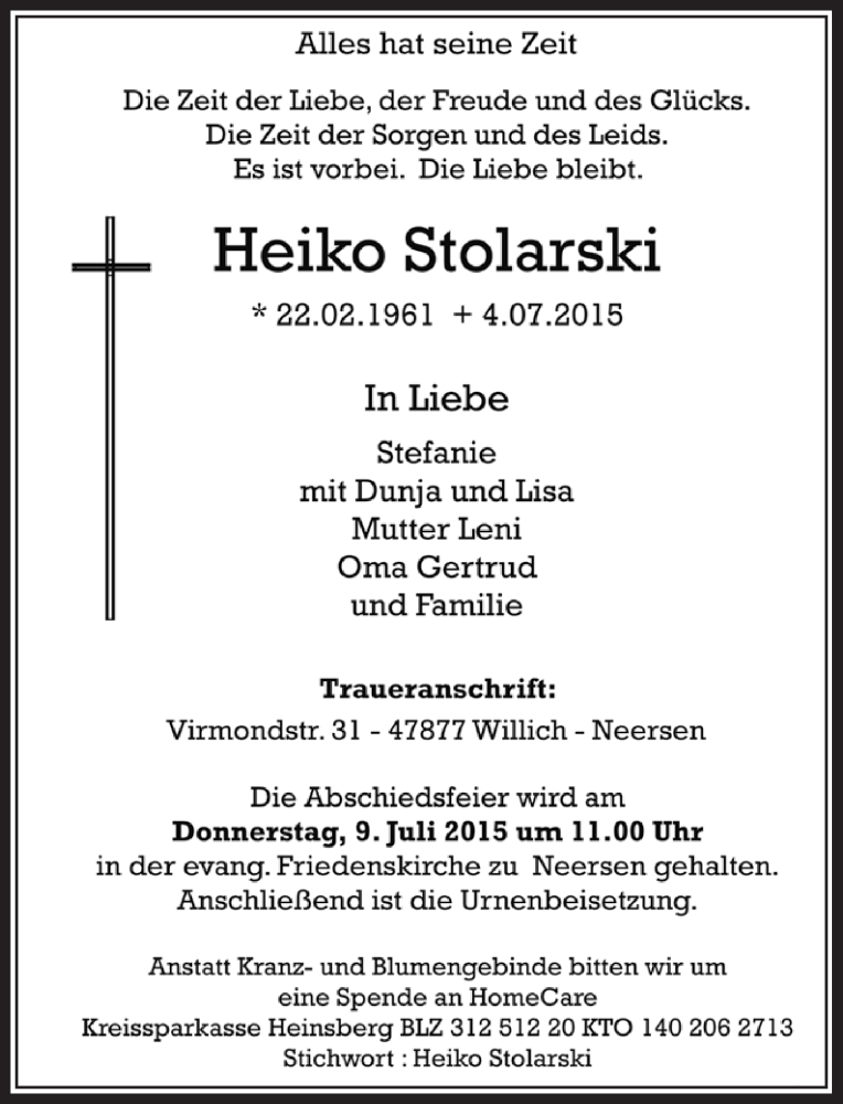  Traueranzeige für Heiko Stolarski vom 07.07.2015 aus Rheinische Post