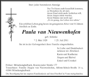 Traueranzeige von Paula van Nieuwenhofen von Rheinische Post