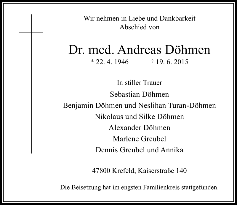  Traueranzeige für Andreas Döhmen vom 27.06.2015 aus Rheinische Post