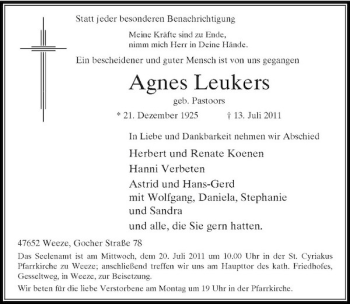 Traueranzeige von Agnes Leukers von Rheinische Post