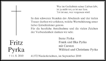 Traueranzeige von Fritz Pyrka von Rheinische Post