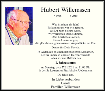 Traueranzeige von Hubert Willemssen von Rheinische Post