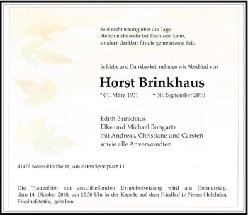 Traueranzeige von Horst Brinkhaus von Rheinische Post