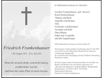 Traueranzeige von Friedrich Frankenhauser von Rheinische Post