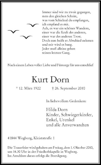 Traueranzeige von Kurt Dorn von Rheinische Post