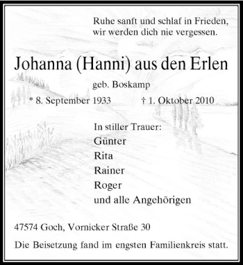Traueranzeige von Johanna (Hanni) aus den Erlen von Rheinische Post