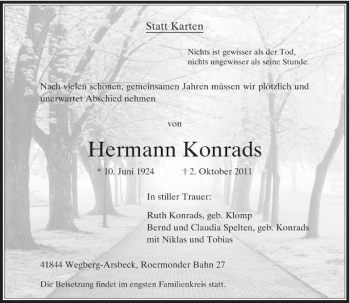 Traueranzeige von Hermann Konrads von Rheinische Post