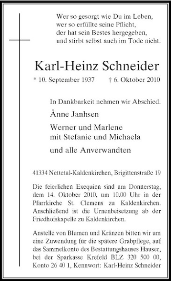 Traueranzeige von Karl-Heinz Schneider von Rheinische Post