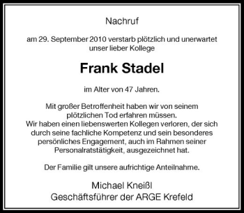 Traueranzeige von Frank Stadel von Rheinische Post