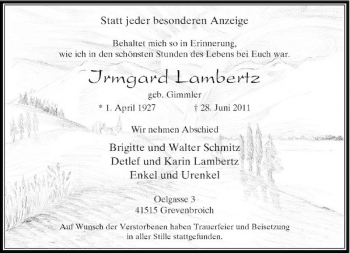 Traueranzeige von Irmgard Lambertz von Rheinische Post