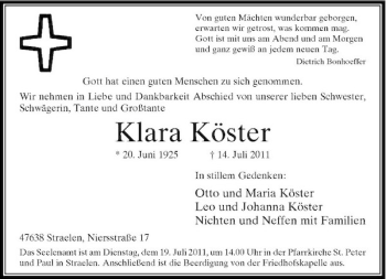 Traueranzeige von Klara Köster von Rheinische Post
