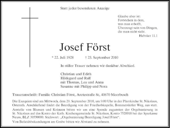 Traueranzeige von Josef Först von Rheinische Post