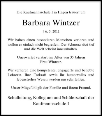 Traueranzeige von Barbara Wintzer von Rheinische Post