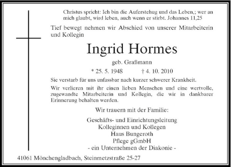  Traueranzeige für Ingrid Hormes vom 12.10.2010 aus Rheinische Post