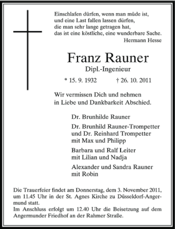 Traueranzeige von Franz Rauner von Rheinische Post