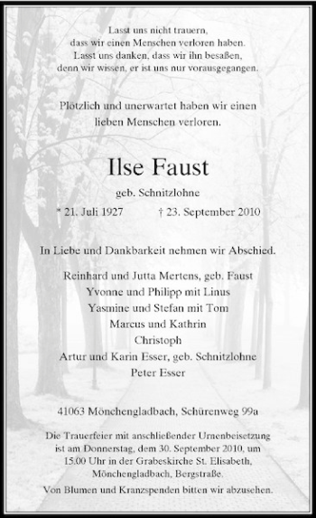 Traueranzeige von Ilse Faust von Rheinische Post