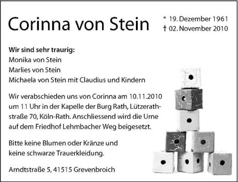  Traueranzeige für Corinna von Stein vom 06.11.2010 aus Rheinische Post