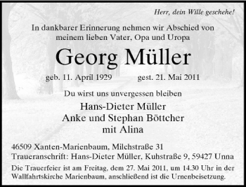 Traueranzeige von Georg Müller von Rheinische Post