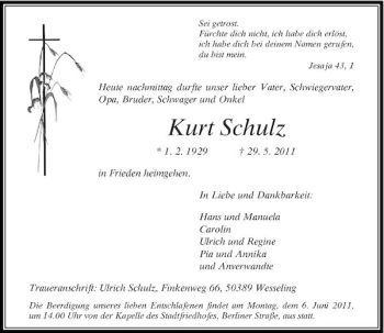 Traueranzeige von Kurt Schulz von Rheinische Post