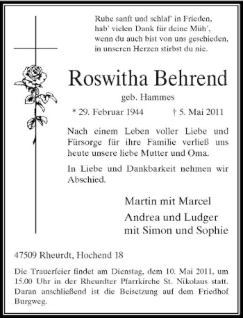 Traueranzeige von Roswitha Behrend von Rheinische Post