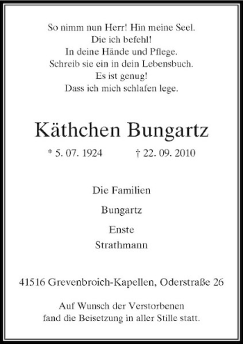 Traueranzeige von Käthchen Bungartz von Rheinische Post