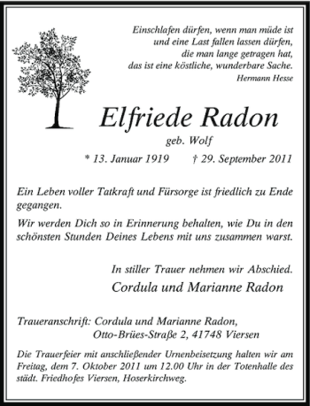 Traueranzeige von Elfriede Radon von Rheinische Post