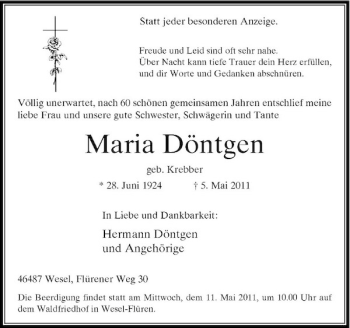 Traueranzeige von Maria Döntgen von Rheinische Post