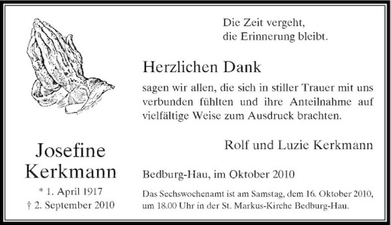  Traueranzeige für Josefine Kerkmann vom 13.10.2010 aus Rheinische Post