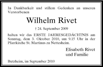 Traueranzeige von Wilhelm Rivet von Rheinische Post