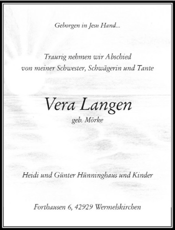 Traueranzeige von Vera Langen von Rheinische Post