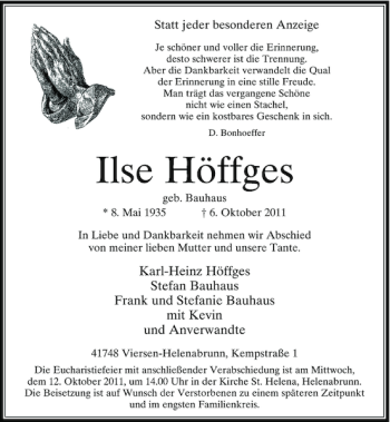 Traueranzeige von Ilse Höffges von Rheinische Post