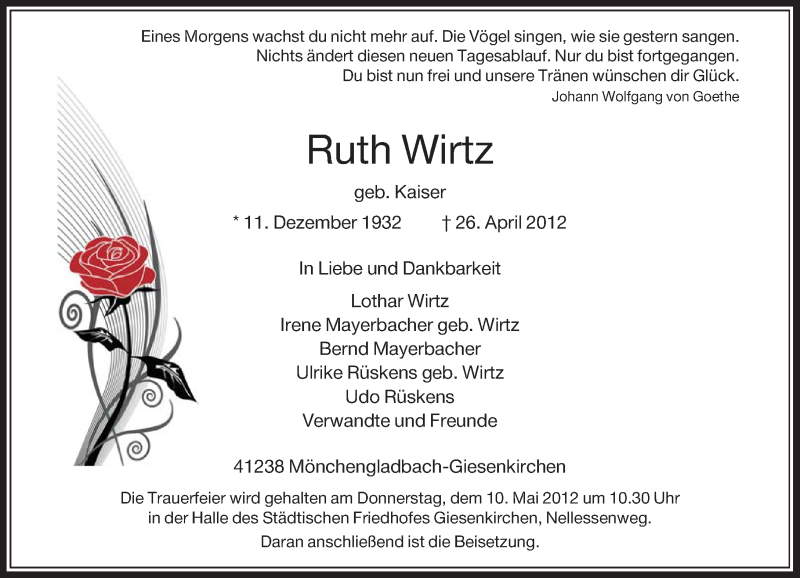  Traueranzeige für Ruth Wirtz vom 05.05.2012 aus Rheinische Post