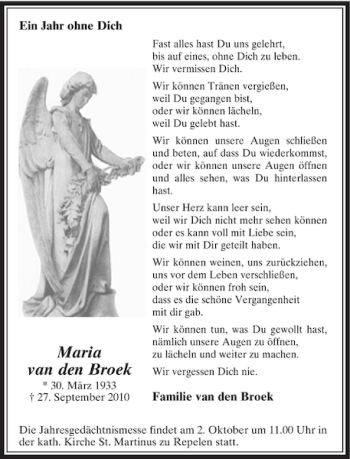 Traueranzeige von van den Broek Maria von Rheinische Post