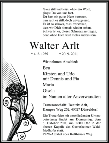 Traueranzeige von Walter Arlt von Rheinische Post