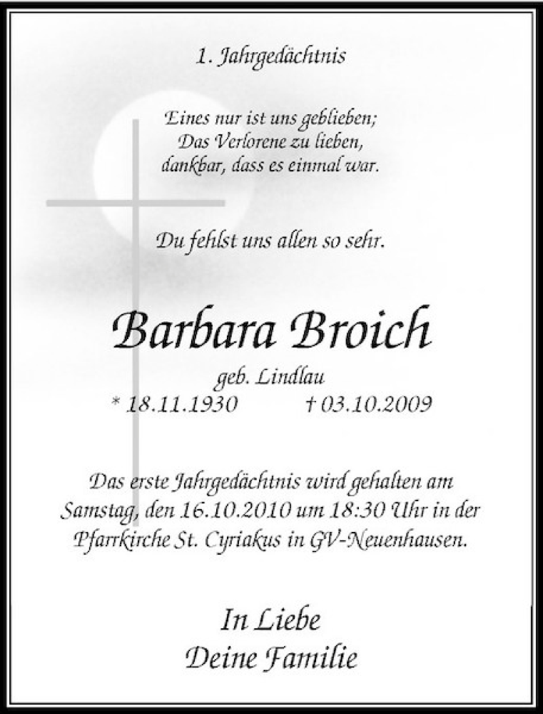  Traueranzeige für Barbara Broich vom 02.10.2010 aus Rheinische Post