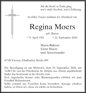 Traueranzeige von Regina Moers von Rheinische Post