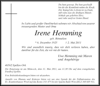 Traueranzeige von Irene Hemming von Rheinische Post