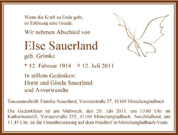 Traueranzeige von Else Sauerland von Rheinische Post