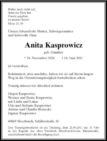 Traueranzeige von Anita Kasprowicz von Rheinische Post