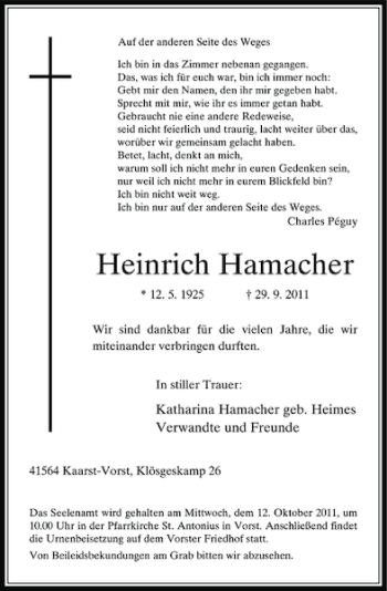 Traueranzeige von Heinrich Hamacher von Rheinische Post