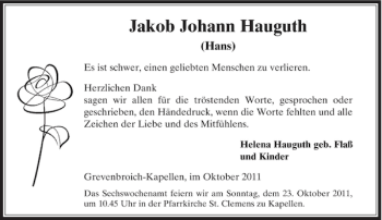 Traueranzeige von Jakob Johann (Hans) Hauguth von Rheinische Post