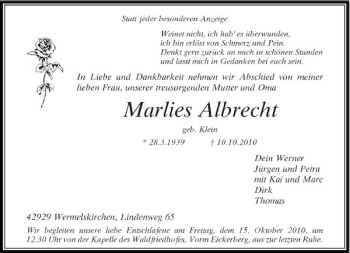 Traueranzeige von Marlies Albrecht von Rheinische Post